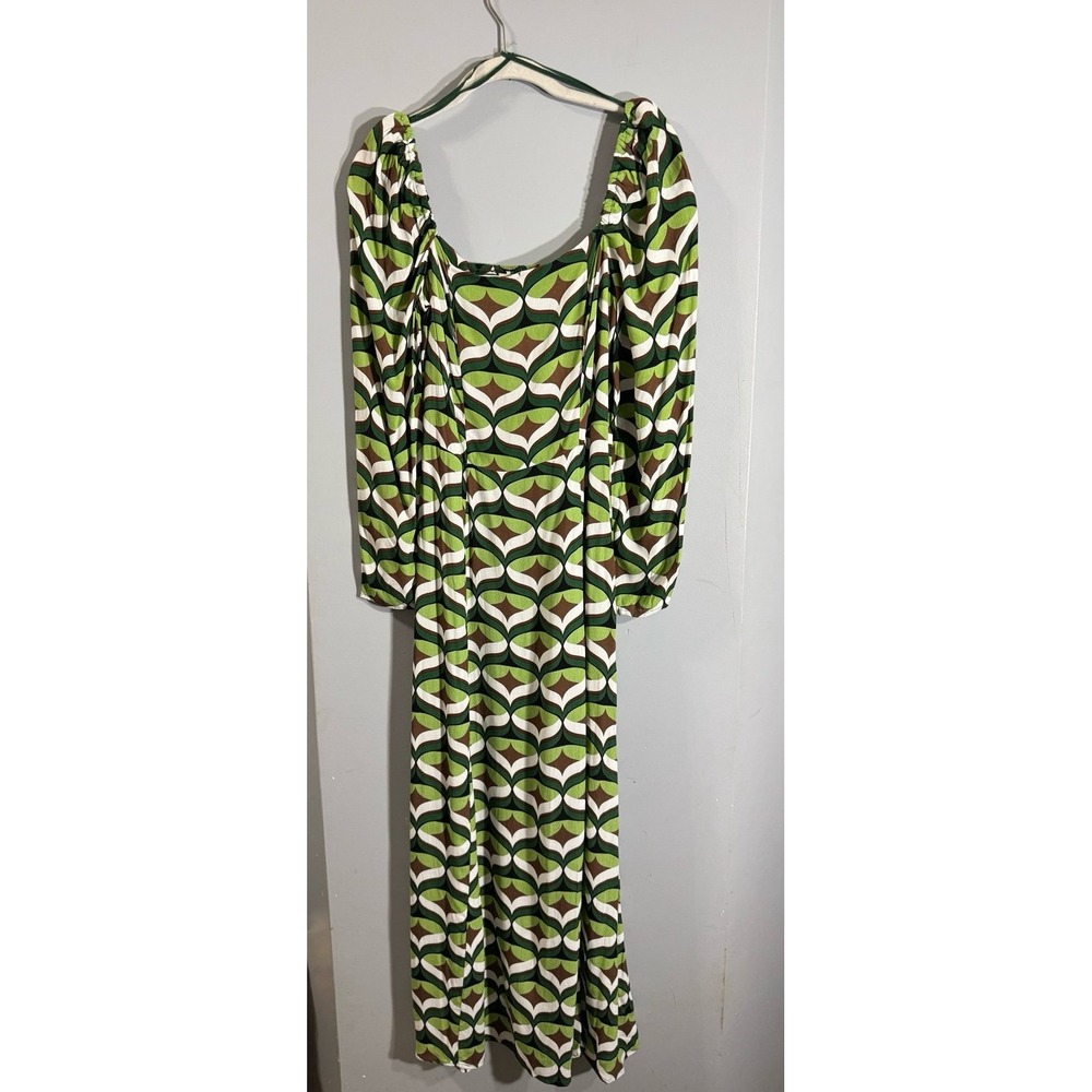 & Other Stories 70's geometric print green brown puff sleeve‎ slit dress size 4